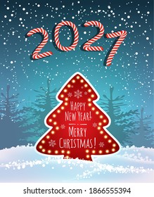Merry Christmas and Happy New Year 2021 greeting card with garland Christmas candy cane design style. Vector isolated for postcard. Spruce tree on Christmas day, Merry Christmas and Happy new year