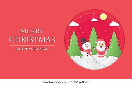 merry christmas and happy new year paper cut card with snowman and santa claus on red background. vector illustration.