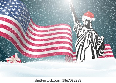 Merry Christmas and Happy new year with Santa Statue of liberty. Christmas blizzard in New York. Merry Christmas and Happy new year. Statue of Liberty wearing a Santa hat in USA. Vector illustration