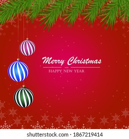 Merry Christmas and Happy New Year background. Christmas tree branches with New Year's toys on a red background. Vector illustration