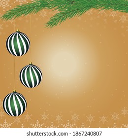 Merry Christmas and Happy New Year background. Christmas tree branches with New Year's toys on a gold background. Vector illustration