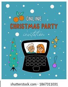 Merry Christmas and Happy New Year. Online party. Winter holidays in the period of self-isolation. Vector flat poster with christmas tree and parents who call on video and congratulate loved ones.
