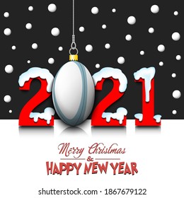 Merry Christmas and Happy New Year. Number 2021 and  rugby ball as a Christmas decorations hanging on strings amid falling snow on a mirror surface. Pattern for greeting card. Vector illustration
