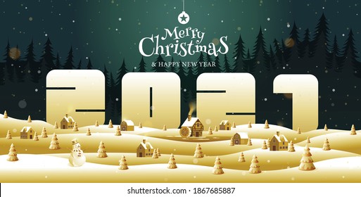 Merry Christmas, happy new year, calligraphy, typography, landscape  fantasy , vector illustration.
