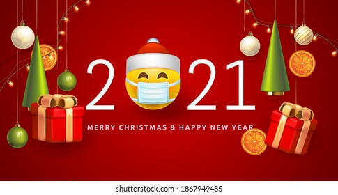Merry Christmas and Happy New Year 2021 Poster concept with emoji in medical mask.  Symbol 3D smiley face santa 2021 Covid-19 Pandemic New Year  for Retail, Shopping or Christmas Promotion. Vector