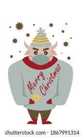 Merry Christmas! Happy New Year. Bull Santa Claus in protective mask