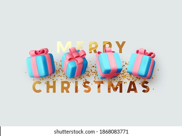 Merry Christmas and Happy New Year. Realistic blue gifts boxes. Pile gift box decorative festive object. Gold text lettering. Holiday design greeting card, banner, poster. Xmas background.