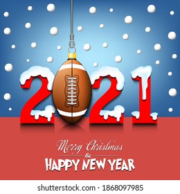 Merry Christmas and Happy New Year. Number 2021 and  football ball as a Christmas decorations hanging on strings amid falling snow on a mirror surface. Pattern for greeting card. Vector illustration