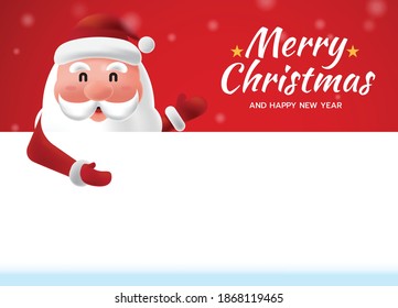 Merry Christmas and Happy New Year. Santa Claus blank greeting card template with place for your text, on snowfall red background, vector illustration