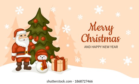 Merry Christmas and happy new year greeting card. Santa Claus, snowman and chritmas tree. Vector illustration.