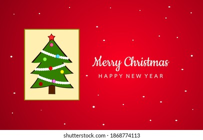 Merry Christmas and happy new year greeting card with Christmas tree on red background and design for web or print, vector illustration postcard for holiday