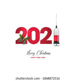 Merry Christmas and happy new year, 2021. Covid-19 vaccine celebration. Noel banner header, background or greeting card design.