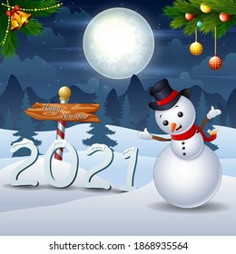 Merry Christmas and happy New Year 2021 in the winter night landscape