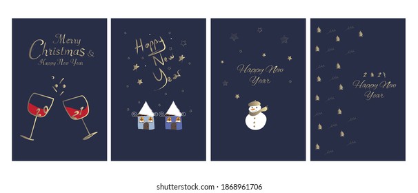 Merry Christmas and Happy New Year! 2021! Vector trendy abstract illustrations of holiday card with forest, santa claus, fox, deer, lettering, christmas tree and pine. Drawing for poster or pattern.