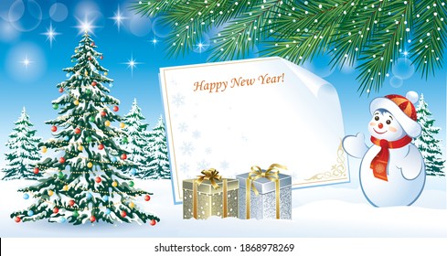 Merry Christmas and Happy New Year greeting card with Christmas tree, gifts and snowman on poster background and winter snowy landscape. Vector illustration