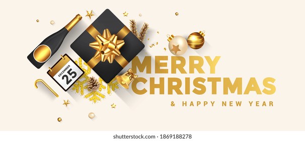 Merry Christmas and Happy New Year greeting card. Holiday design decorate with gift box, gold balls, wine bottle and star on bright background. Vector Illustration