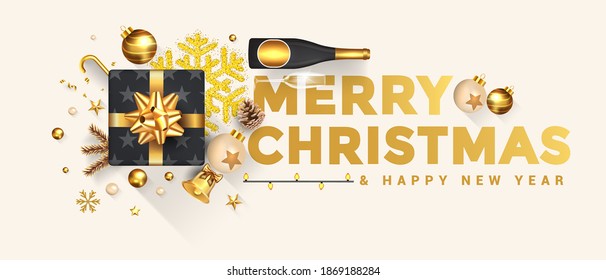 Merry Christmas and Happy New Year greeting card. Holiday design decorate with gift box, gold balls, wine bottle and star on bright background. Vector Illustration