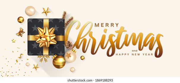 Merry Christmas and Happy New Year greeting card. Holiday design decorate with gift box, gold balls, wine bottle and star on bright background. Vector Illustration