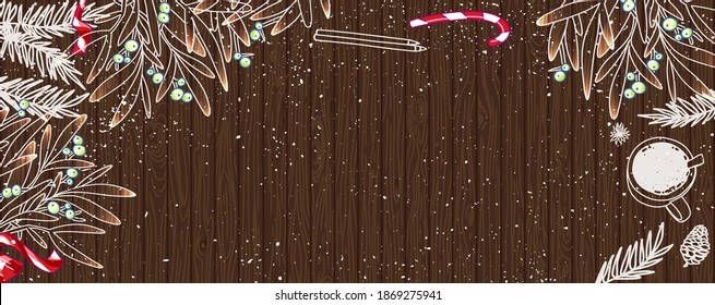 Merry Christmas Happy New Year banner. Christmas hand drawn background. Wood plank texture, mistletoe, ribbons, lollipop, hot drink. Horizontal Xmas poster, greeting card, header. Flat lay, Top view