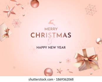 Merry Christmas and Happy New Year Greeting Card with Realistic Christmas Decoration