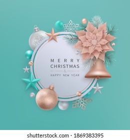 Merry Christmas and Happy New Year greeting card with bell, stars, balls, snowflakes. Round tag with copper color christmas flower Poinsettia, fir branches on a light background. Vector illustration. 