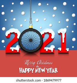 Merry Christmas and Happy New Year. Number 2021 and bicycle wheel as a Christmas decorations hanging on strings amid falling snow on a mirror surface. Pattern for greeting card. Vector illustration