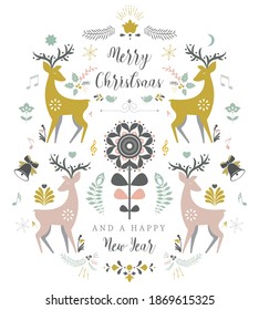 Merry Christmas and Happy New Year postcard. Floral vintage ornate element design.