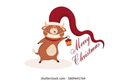 Merry Christmas! Happy New Year. Bull Santa Claus with protective mask holds flashlight