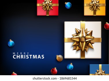 Merry Christmas, Happy New Year 2021. Set, blue background with realistic festive box. Christmas, Xmas present. Gift boxes with a surprise, trinkets, balls. Flyer and brochure. glitter gold, ribbon