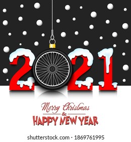 Merry Christmas and Happy New Year. Number 2021 and bicycle wheel as a Christmas decorations hanging on strings amid falling snow on a mirror surface. Pattern for greeting card. Vector illustration