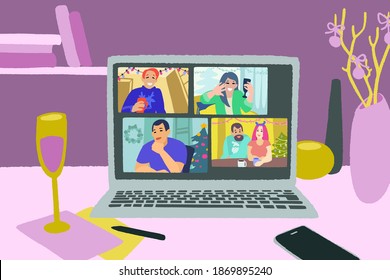 Merry Christmas and Happy New Year online. Holidays communication during quarantine. Laptop and home workspace. Hand drawn  flat style vector illustration. Social-distance coronavirus COVID-19.