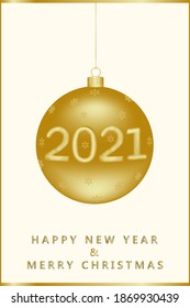 Merry Christmas and Happy New Year 2021. Numbers 2021 on golden Christmas ball. Realistic 3d decorations on a cream background. Banner, postcard, cover, flyer, layout for your design.
