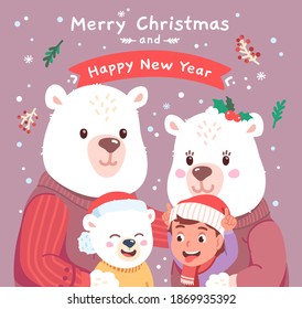 Merry Christmas and Happy New Year lettering on greeting card. Polar bears family cartoon characters, playful boy kid person. Winter season Xmas holiday decoration background flat vector illustration