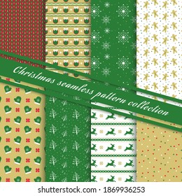 Merry Christmas and Happy New Year. Set of winter holiday backgrounds. Collection of seamless patterns with green, yellow, red and white colors. Vector illustration.