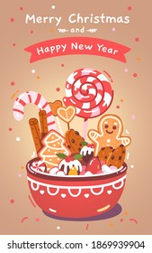 Merry Christmas, Happy New Year lettering on greeting card. Candy cane, gingerbread cookie, lollipop, sweet cake confectionery dessert in bowl. Holiday celebration background flat vector illustration