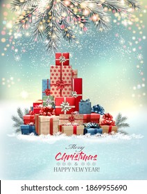 Merry Christmas and Happy New Year holiday lit background with Christmas tree made out of gift boxes and presents. Vector.