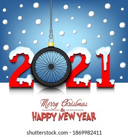 Merry Christmas and Happy New Year. Number 2021 and bicycle wheel as a Christmas decorations hanging on strings amid falling snow on a mirror surface. Pattern for greeting card. Vector illustration