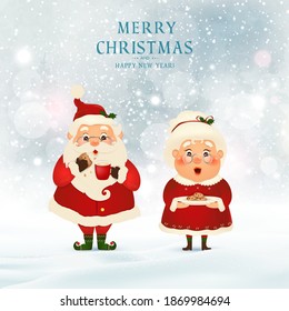 Merry Christmas. Happy new year. Santa Claus with Mrs. Claus, Reindeer, snowman  in Christmas snow scene winter landscape. Mrs. Claus Together. Vector cartoon character of Santa Claus. 