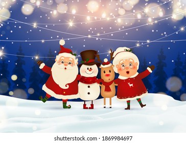 Feliz Navidad. Feliz año nuevo. Santa Claus con la Sra. Claus, reno, muñeco de nieve en el paisaje navideño de invierno de la nieve. Sra. Claus Juntos. Caricatura vectorial de Santa Claus. 