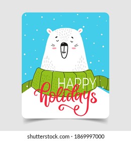 Merry Christmas and Happy New Year. Christmas greeting card template vector  Postcard or Poster or Flyer template. Illustrations of cute bear with accessories