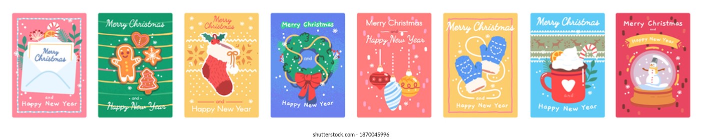 Merry Christmas, Happy New Year lettering on greeting card set. Christmas balls, wreath festive decoration, stocking, letter, mittens background. Winter holiday calligraphy flat vector illustration