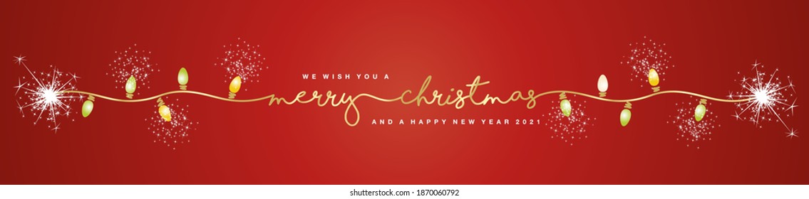 Merry Christmas and Happy New Year 2021 gold handwritten typography line design Christmas lights sparkle firework red background banner