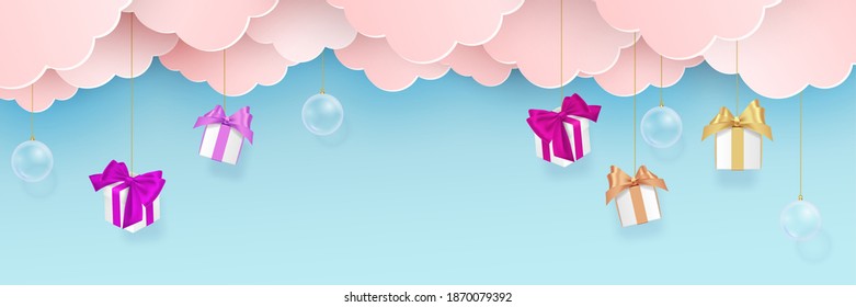 Merry Christmas Happy New Year papercut web banner illustration of holiday season landscape in paper fold style. Includes festive winter shops, ornaments and gift boxes