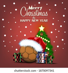 Merry Christmas and Happy New Year. Handball ball, Christmas tree and  gift boxes. Snowflakes on the background. Greeting card design template with for new year.  Vector illustration
