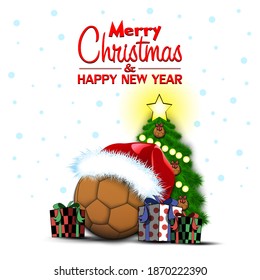 Merry Christmas and Happy New Year. Handball ball, Christmas tree and  gift boxes. Snowflakes on the background. Greeting card design template with for new year.  Vector illustration