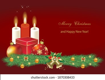 Merry Christmas and Happy New Year. Christmas card with  gift, candles and balls decorated fir branches with bells and decorations. Vector illustration