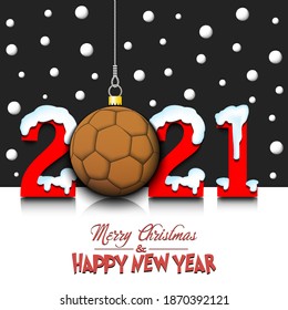 Merry Christmas and Happy New Year. Number 2021 and handball ball as a Christmas decorations hanging on strings amid falling snow on a mirror surface. Pattern for greeting card. Vector illustration