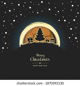 Merry Christmas and Happy New year. Christmas tree with boxes of gifts on a background of the handball ball and snow. Minimalistic pattern for graphic design greeting card. Vector illustration