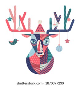 Merry Christmas and Happy New Year illustration of a cute deer. Colorful deer. Vector illustration