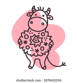 Merry Christmas and Happy New Year 2021 card. The year of the ox. A cute cow or bull. Animal cartoon character for the Holidays. Vector Illustration Set For Print, Winter Hand Drawn Clip Art . Chinese